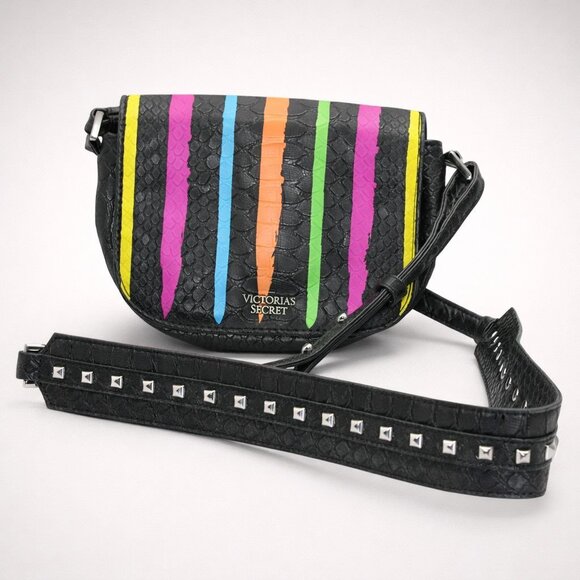 Victorias Secret Colorful Stripe Black Faux Crocodile Crossbody With Studded Str - Picture 3 of 7